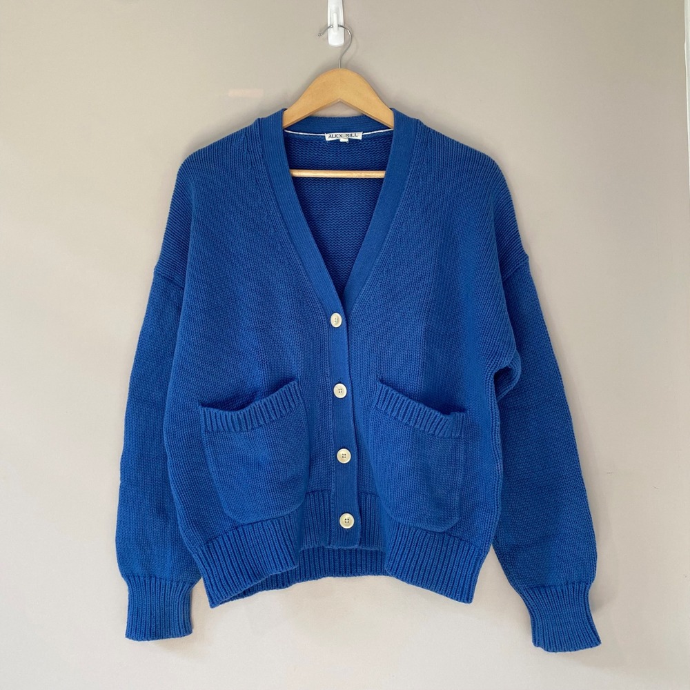 Alex Mill Women Blue BCI Cotton Chunky Knit Emma Cardigan Sweater Size M Pockets - Picture 2 of 5